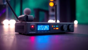 PG88 wireless microphone receiver with LED indicators and sleek design, ideal for live audio setups.