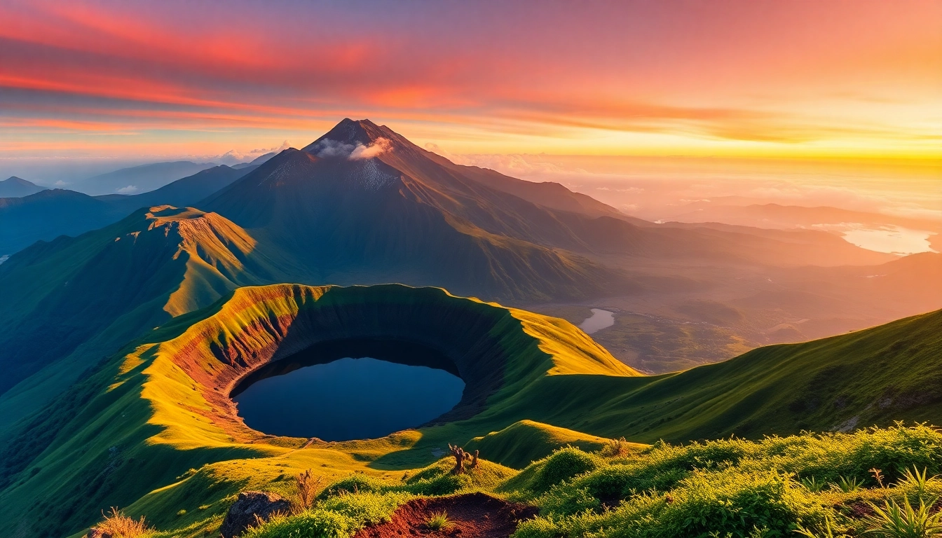 Hiking near Mount Rinjani with dramatic volcanic landscape and sunrise backdrop in Lombok, Indonesia.