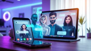Futuristic digital chat interface with holographic AI characters in a high-tech environment.