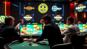 Engaging scene of Pokerbros clubs players enjoying fast-paced poker action at multiple tables with branding and union logos, showcasing lively online gameplay.