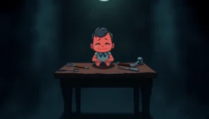 A disturbing scene of Harvey, a cheerful character, in a dark room with sinister tools around him, showing emotional distress and moral tension.