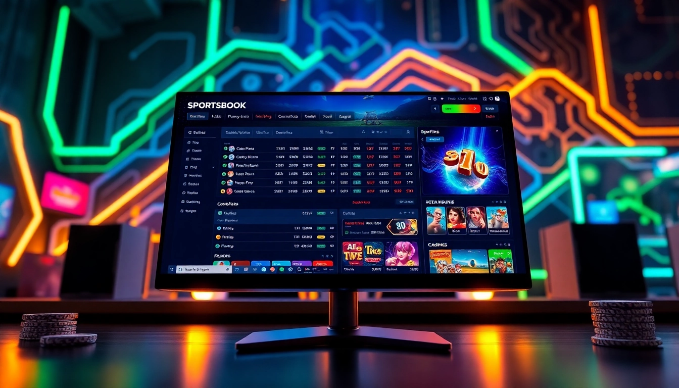 An illustration of an online sportsbook and casino platform with betting options and casino games on a digital screen, glowing neon accents, and a modern, energetic design.