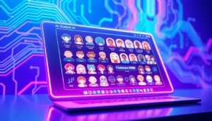 Futuristic AI chatbot interface with animated characters and digital design elements