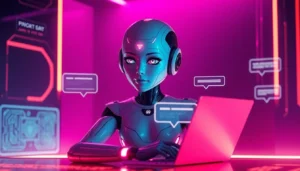 An AI chatbot character in a futuristic digital environment, engaging in an intimate conversation with glowing holographic text bubbles.