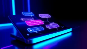 Futuristic chatbot interface on a sleek device screen with neon accents and digital conversation bubbles.