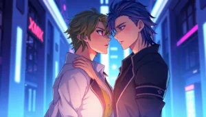 Illustration of alpha and omega characters in a futuristic urban setting, highlighting the themes of Omegaverse with vibrant neon lighting and detailed character designs.