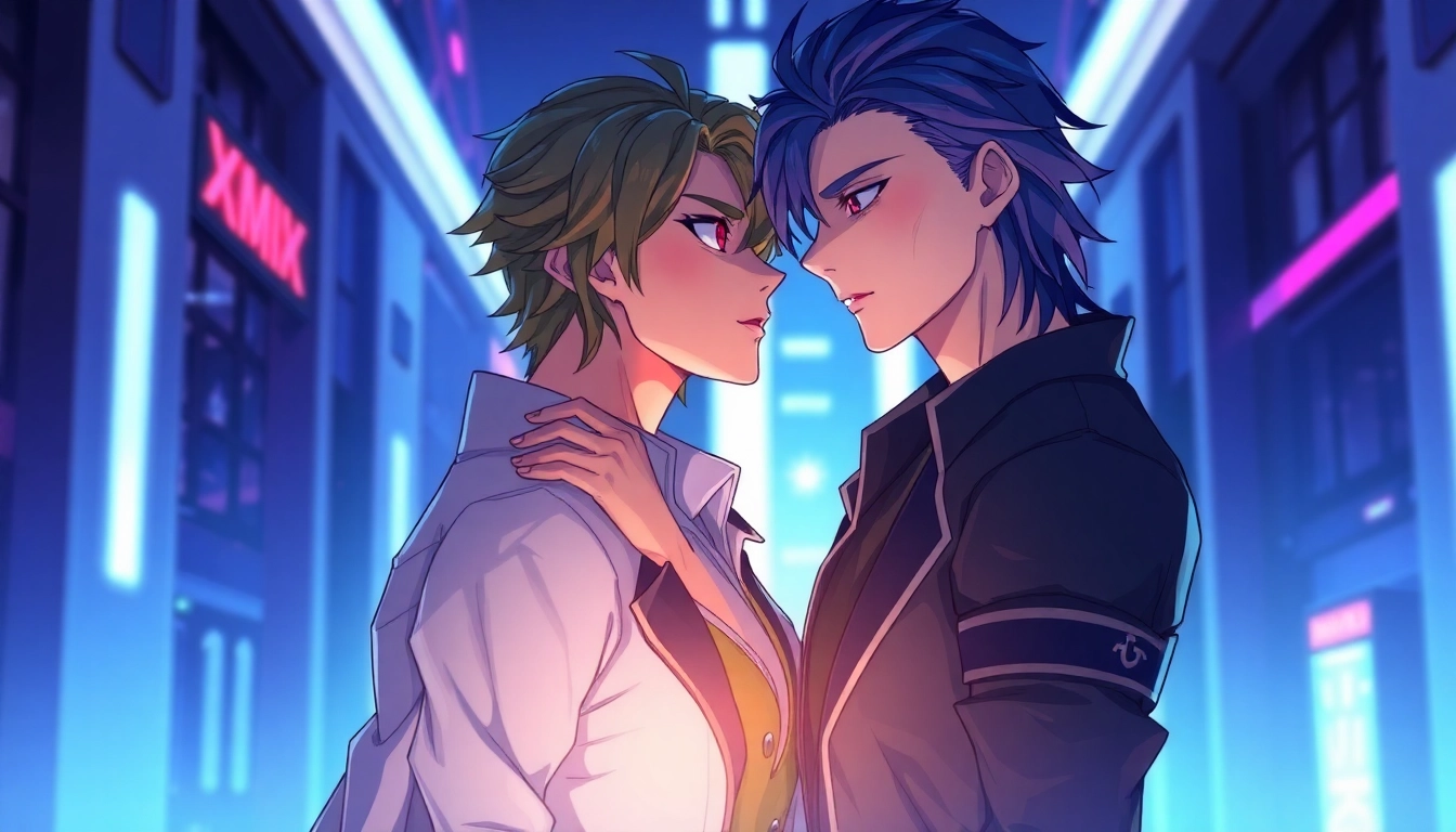 Illustration of alpha and omega characters in a futuristic urban setting, highlighting the themes of Omegaverse with vibrant neon lighting and detailed character designs.