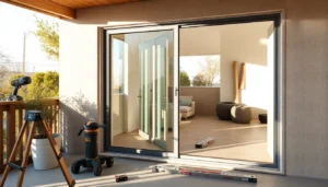 replace a sliding glass door in a modern patio setup with a sleek frame and bright view