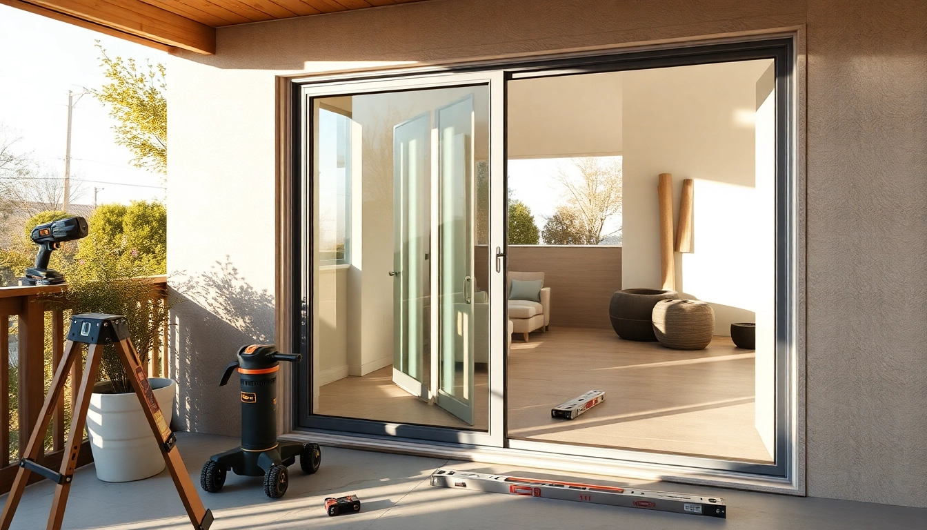 replace a sliding glass door in a modern patio setup with a sleek frame and bright view