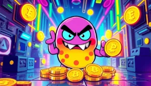 Staking Angry Pepe concept showing animated pepe character staking tokens on a blockchain