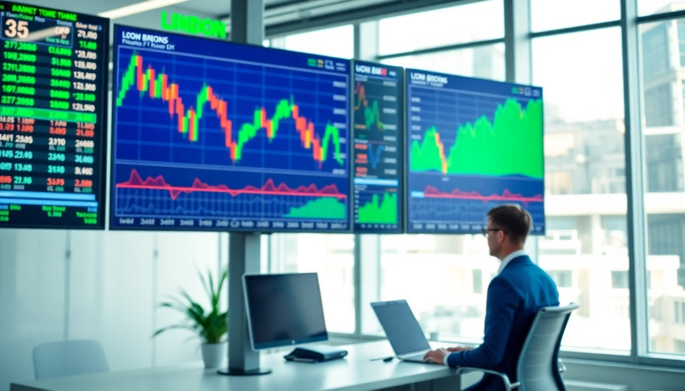 UK Stock Market News updates with financial charts and a professional analyst analyzing data to