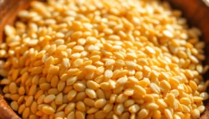 High-quality hulled sesame seed display in a wooden bowl, highlighting texture and purity for